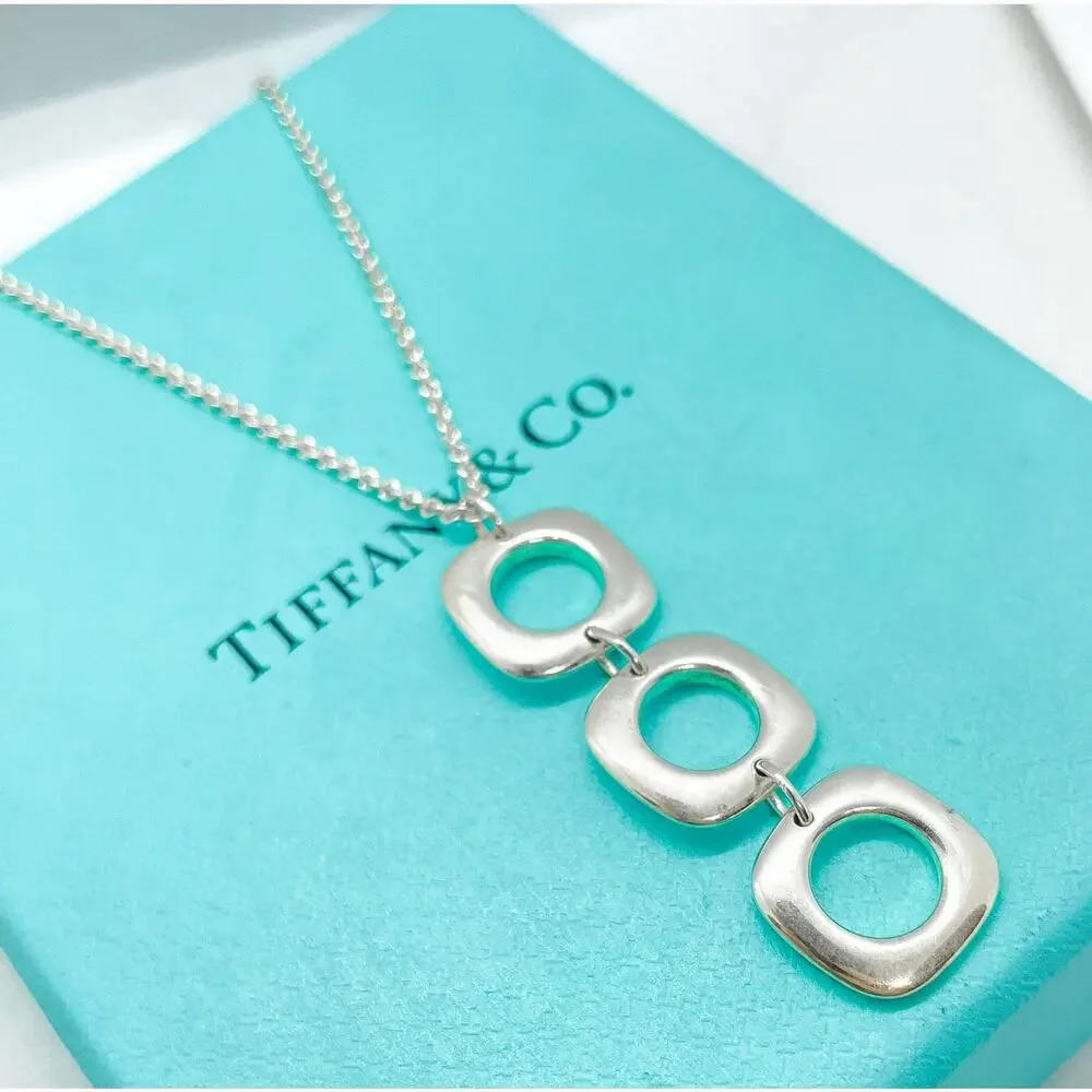 Tiffany & Co. Sterling Silver Triple Cushion Drop Pendant Necklace 16